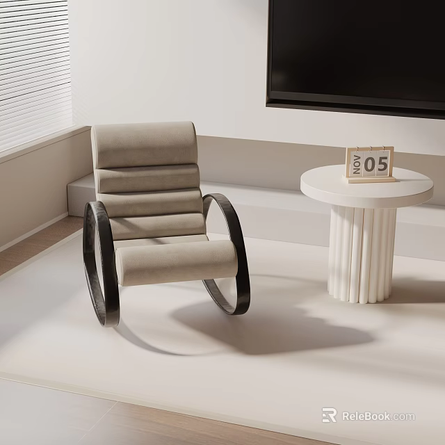 Beige Upholstered Leisure Chair With Black Curved Armrests And White Round Table In Modern Interior 3d model 