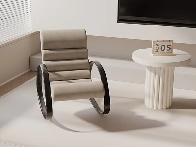 Beige Upholstered Leisure Chair With Black Curved Armrests And White Round Table In Modern Interior 3d model