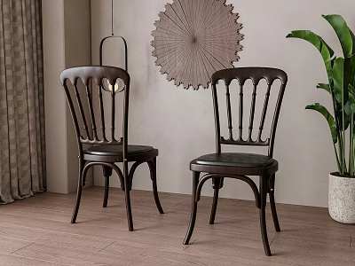 Dark Brown Dining Chairs With Slatted Backrest Decorative Wall Art Green Plant And Wooden Floor 3d model