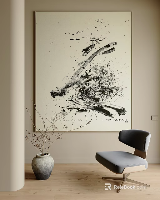 Black And White Abstract Painting With Brushstrokes In Minimalist Interior Room With Vase And Chair 3d model 