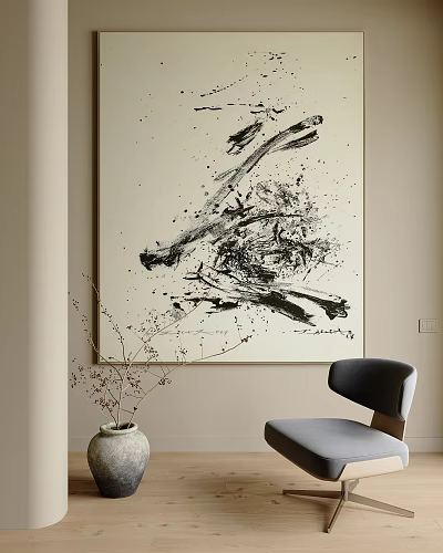 Black And White Abstract Painting With Brushstrokes In Minimalist Interior Room With Vase And Chair 3d model