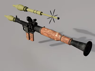 Military Rocket Launcher With Wooden Grip Rocket Projectile And Six Blade Fins 3d model