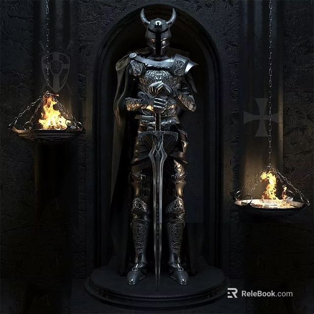 Armored Game Movie Character Holding Sword With Burning Braziers In Stone Hall 3d model 