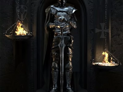 Armored Game Movie Character Holding Sword With Burning Braziers In Stone Hall 3d model