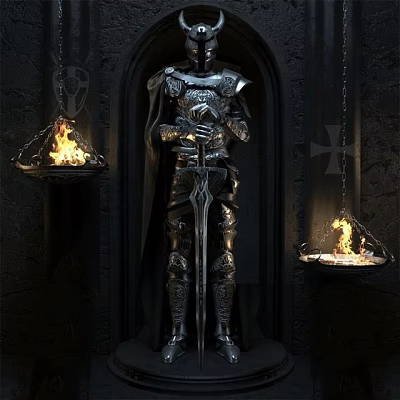 Armored Game Movie Character Holding Sword With Burning Braziers In Stone Hall 3d model