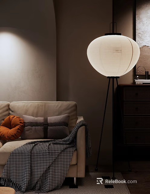 Modern White Floor Lamp In Cozy Living Room With Beige Sofa And Orange Pillow 3d model 