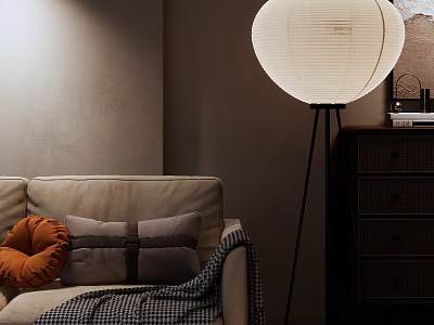 Modern White Floor Lamp In Cozy Living Room With Beige Sofa And Orange Pillow 3d model
