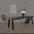 Modern Dining Table Set Featuring Wooden Chairs Black Vase Gray Cushion Gold Base and Framed Art