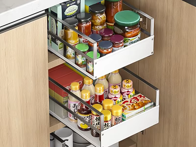 Organized Spice Bottles In Double Layer Kitchen Drawer For Neat Storage 3d model