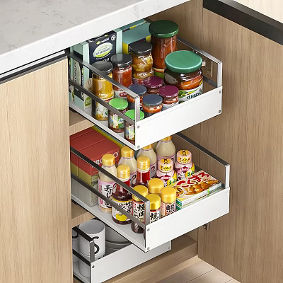Organized Spice Bottles In Double Layer Kitchen Drawer For Neat Storage 3d model