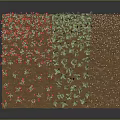 Three Plant Sections Featuring Red Flowers Green Leaves Brown Stems on Brown Soil Dark Background