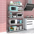 Multi Tier Bathroom Cabinet Rack With Stainless Steel Shelves Holding Kitchen Appliances And Storage Containers