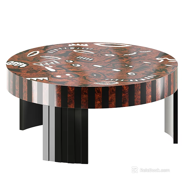 Round Dining Table With Patterned Wooden Top And Black Silver Metal Legs 3d model
