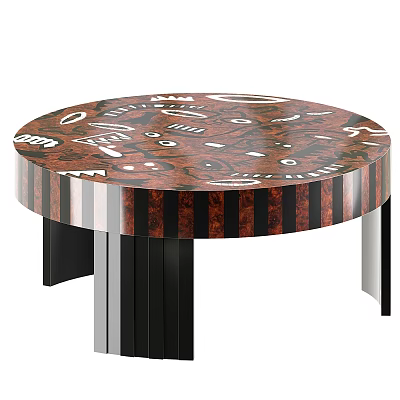 Round Dining Table With Patterned Wooden Top And Black Silver Metal Legs 3d model