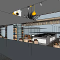 Modern Cafe Interior Design With Yellow Pendant Lights Counter And Seating Area