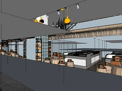 Modern Cafe Interior Design With Yellow Pendant Lights Counter And Seating Area 3d model