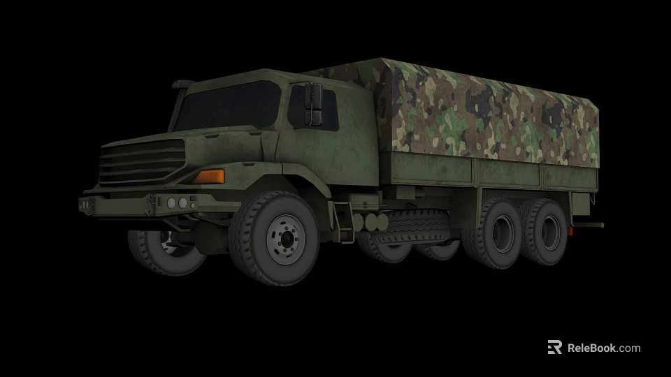 Green Military Utility Vehicle With Camouflage Canvas Cover And Multi Wheel Design 3d model 