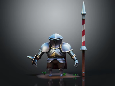 3D Rendered Armored Character Standing With Metallic Armor Striped Spear And Small Plants 3d model