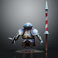3D Rendered Armored Character Standing With Metallic Armor Striped Spear And Small Plants