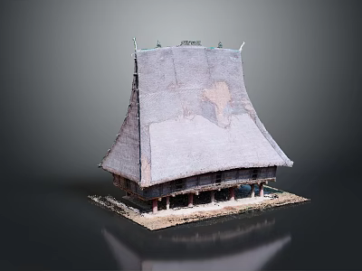 Traditional Thatched Roof Building Model With Sloped Structure And Wooden Supports 3d model