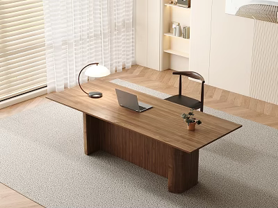 Modern Wooden Desk with Laptop Lamp and Potted Plant in Room with Window and Chair 3d model