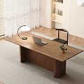 Modern Wooden Desk with Laptop Lamp and Potted Plant in Room with Window and Chair