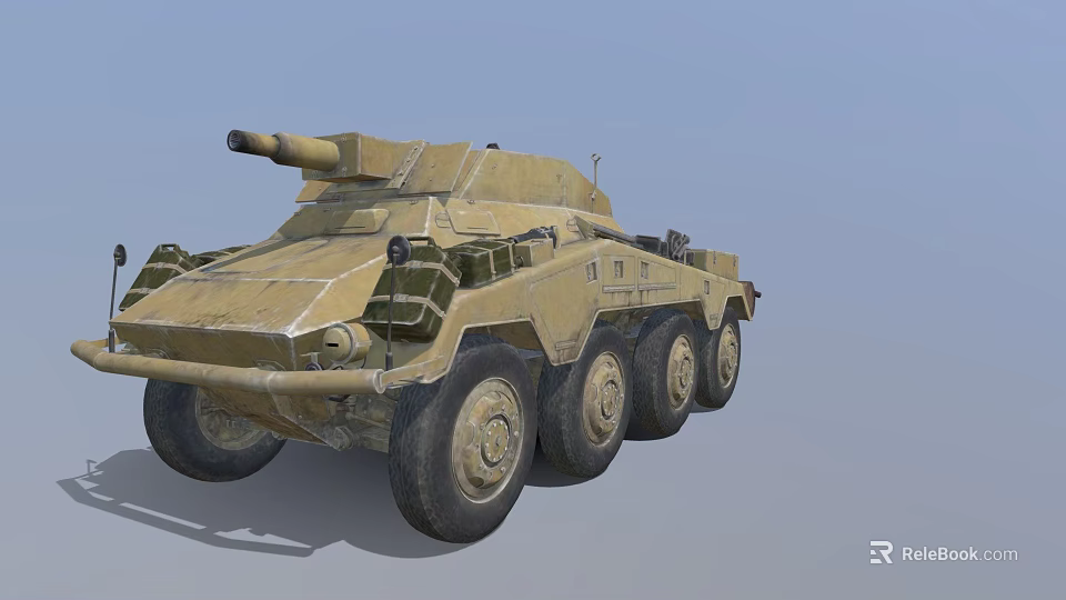 Sand Colored Armored Military Vehicle with Cannon and Multiple Wheels in Desert Terrain 3d model 