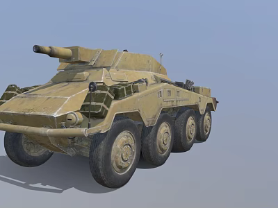 Sand Colored Armored Military Vehicle with Cannon and Multiple Wheels in Desert Terrain 3d model