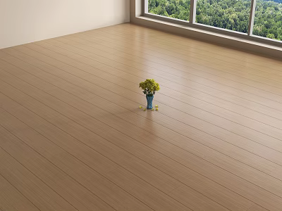 Light Brown Wooden Flooring with Blue Vase Holding Yellow Flowers Near Window with Green View 3d model
