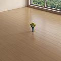 Light Brown Wooden Flooring with Blue Vase Holding Yellow Flowers Near Window with Green View