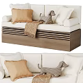 Cozy White Sofa With Beige And White Pillows Striped Dog Toy And Blanket