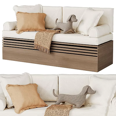 Cozy White Sofa With Beige And White Pillows Striped Dog Toy And Blanket 3d model