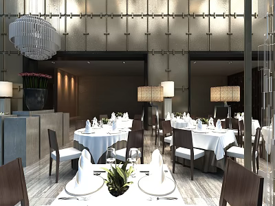 Elegant Banquet Hall Interior With White Tablecloths Chandeliers And Dining Tables 3d model