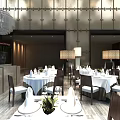Elegant Banquet Hall Interior With White Tablecloths Chandeliers And Dining Tables