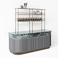 Stylish Bar Counter With Marble Top Metal Shelf And Striped Cabinets