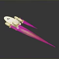 3D Spaceship Model With Gray Body And Pink Orange Thruster Flames On Dark Background