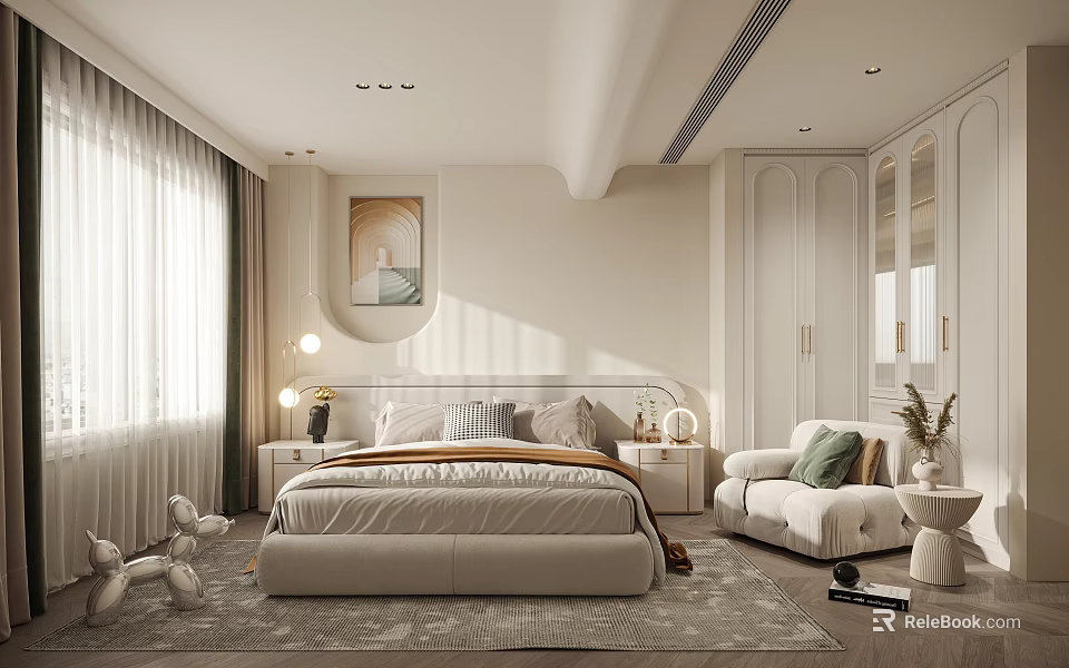Elegant Modern Bedroom Interior With Cozy Bed Nightstands Table Lamps Armchair And Rug 3d model 