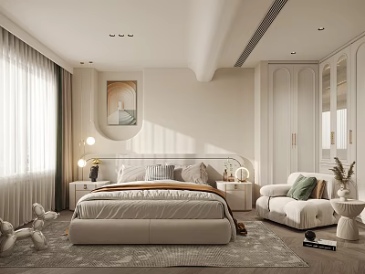 Elegant Modern Bedroom Interior With Cozy Bed Nightstands Table Lamps Armchair And Rug 3d model