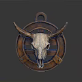 Decorative Bull Skull Hanging Ornament With Circular Wooden Frame And Metallic Accents
