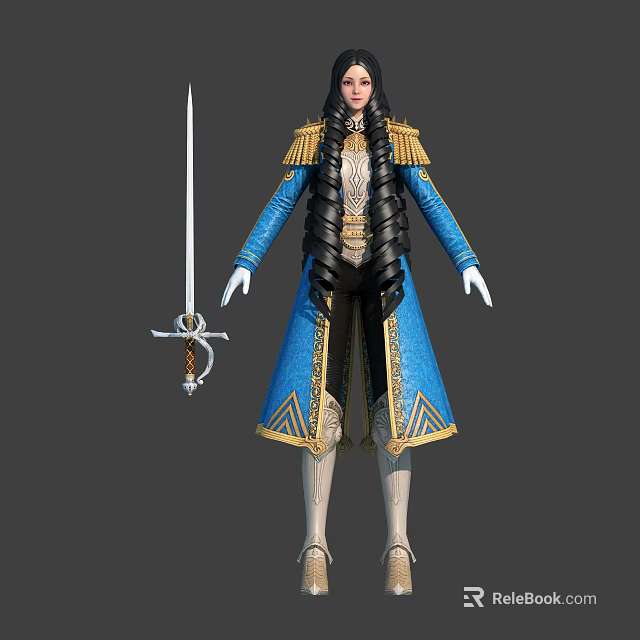 Elegant Female Warrior Character In Blue Gold Trimmed Coat With Long Braided Hair And Sword 3d model 