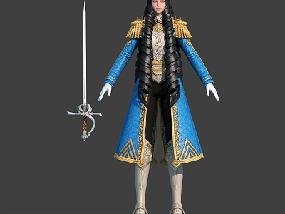 Elegant Female Warrior Character In Blue Gold Trimmed Coat With Long Braided Hair And Sword 3d model