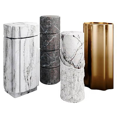 Modern Decorative Containers With White Gray Marble And Gold Metal Textured Design 3d model