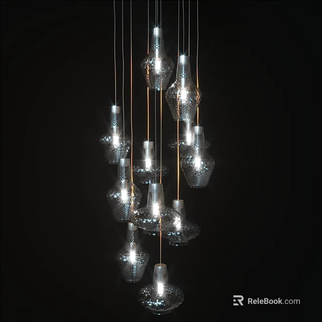 Modern Glass Chandelier With Multiple Hanging Transparent Shades And Illuminated Design 3d model 