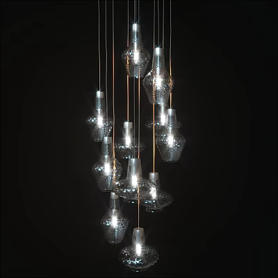 Modern Glass Chandelier With Multiple Hanging Transparent Shades And Illuminated Design 3d model