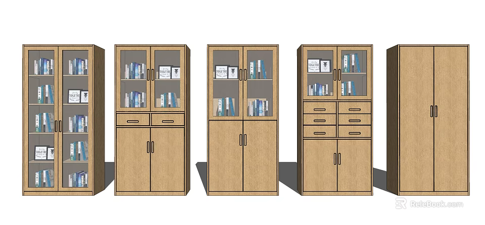 Wooden Bookcase With Glass Doors Books And Decorations Drawers Design 3d model 