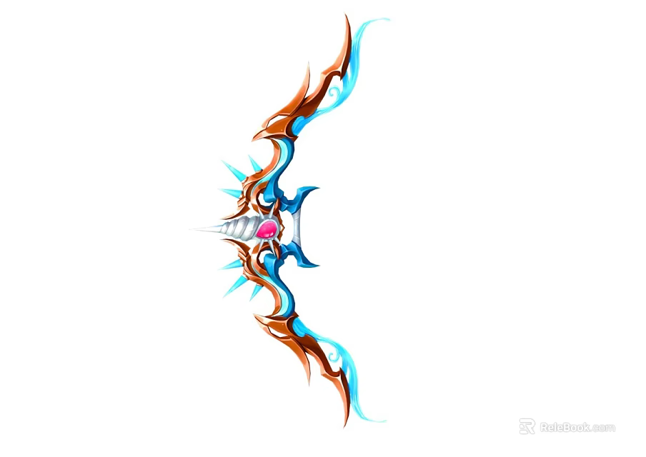 Fantasy Bow Weapon With Blue And Orange Flame Decorations And Red Gem 3d model 