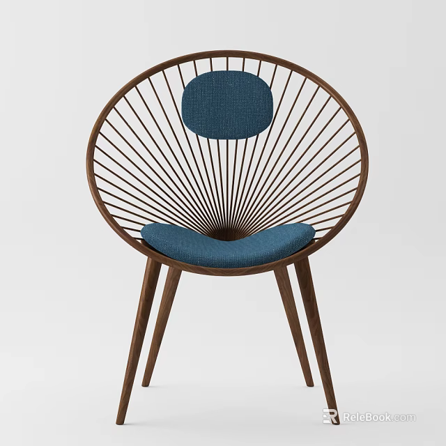Modern Single Chair with Circular Wooden Frame and Blue Fabric Cushion Backrest 3d model 