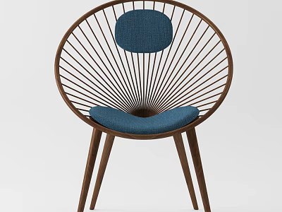 Modern Single Chair with Circular Wooden Frame and Blue Fabric Cushion Backrest 3d model