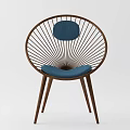 Modern Single Chair with Circular Wooden Frame and Blue Fabric Cushion Backrest