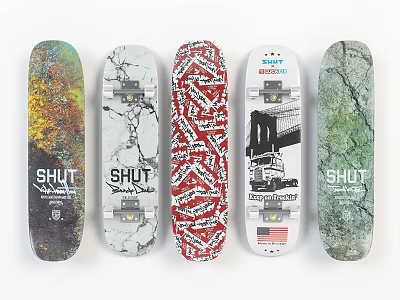 Assorted Skateboard Decks With SHUT Logo And Various Graphic Designs 3d model